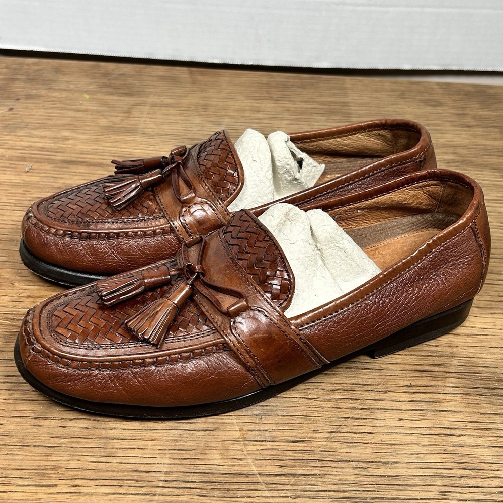 Johnston & Murphy Passport Brown Woven Leather Tassel Loafers Shoes Men's 8.5